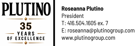 Plutino 35 Years of Excellence badge with Roseanna Plutino contact details